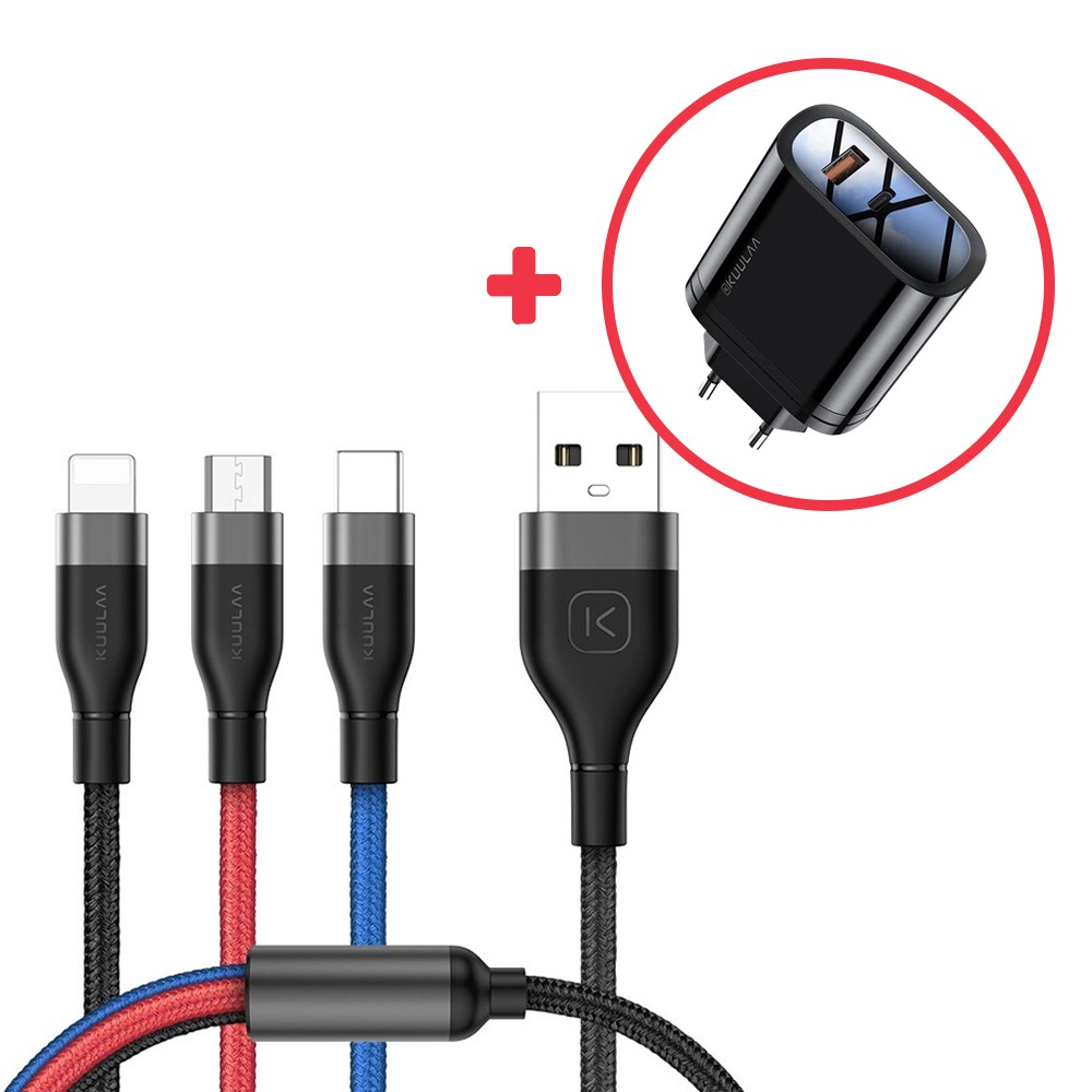Power nabíjecí sada: 1x Nabíjecí kabel z tkaného nylonu 3 v 1 s USB-C, Lightning a microUSB port + 1x Nabíjecí adaptér pro dvě zařízení