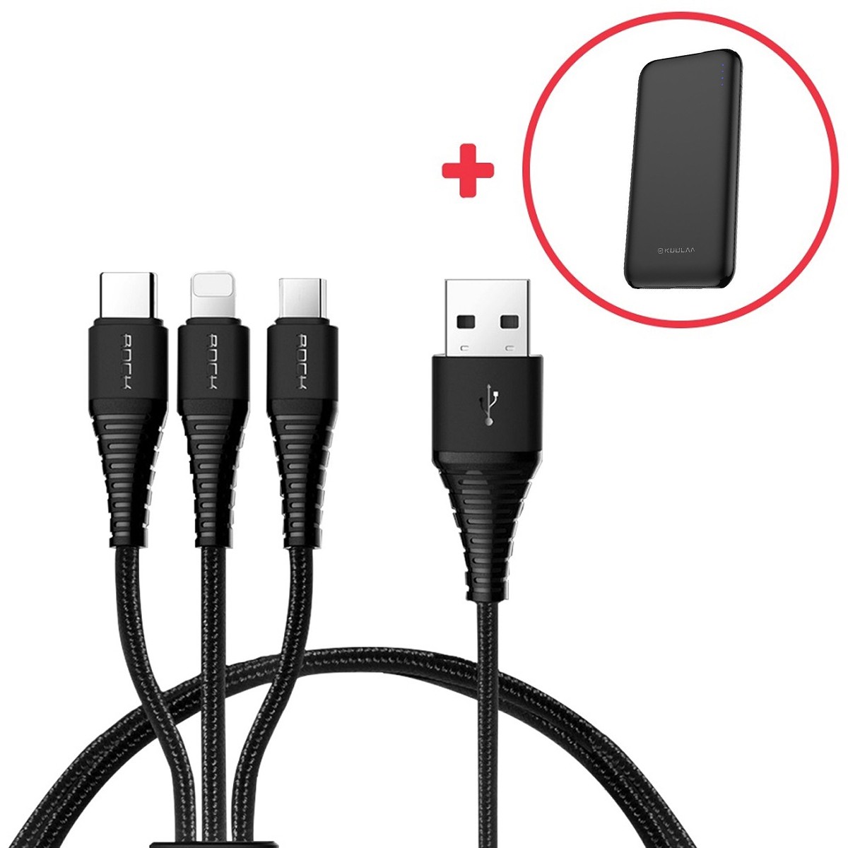 KL nabíjecí sada: 1x Nabíjecí kabel z tkaného nylonu 3 v 1 s USB-C, Lightning a microUSB porty + 1x Powerbanka KL Power s digitálním displejem a USB-C vstupem - 10 000 mAh