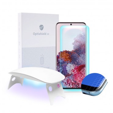 Prémiové ochranné sklo Optishield Lux pro Samsung Galaxy S20 a UV lampa Prémiové ochranné sklo Optishield Lux pro Samsung Galaxy S20 a UV lampa