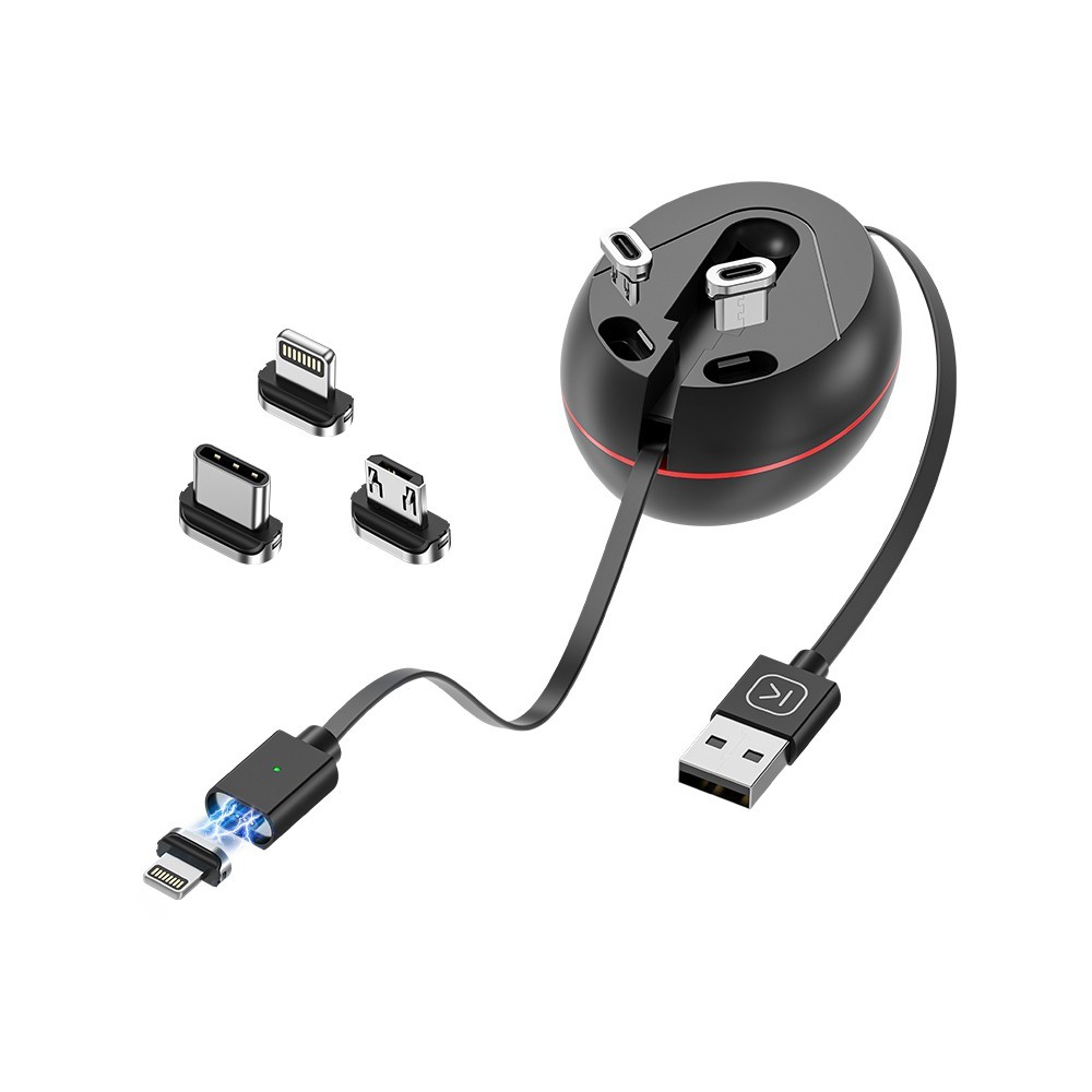 Praktický a skládací 3v1 kabel „Stretchy“ s USB-C, Micro USB a Lightning konektorem - černý