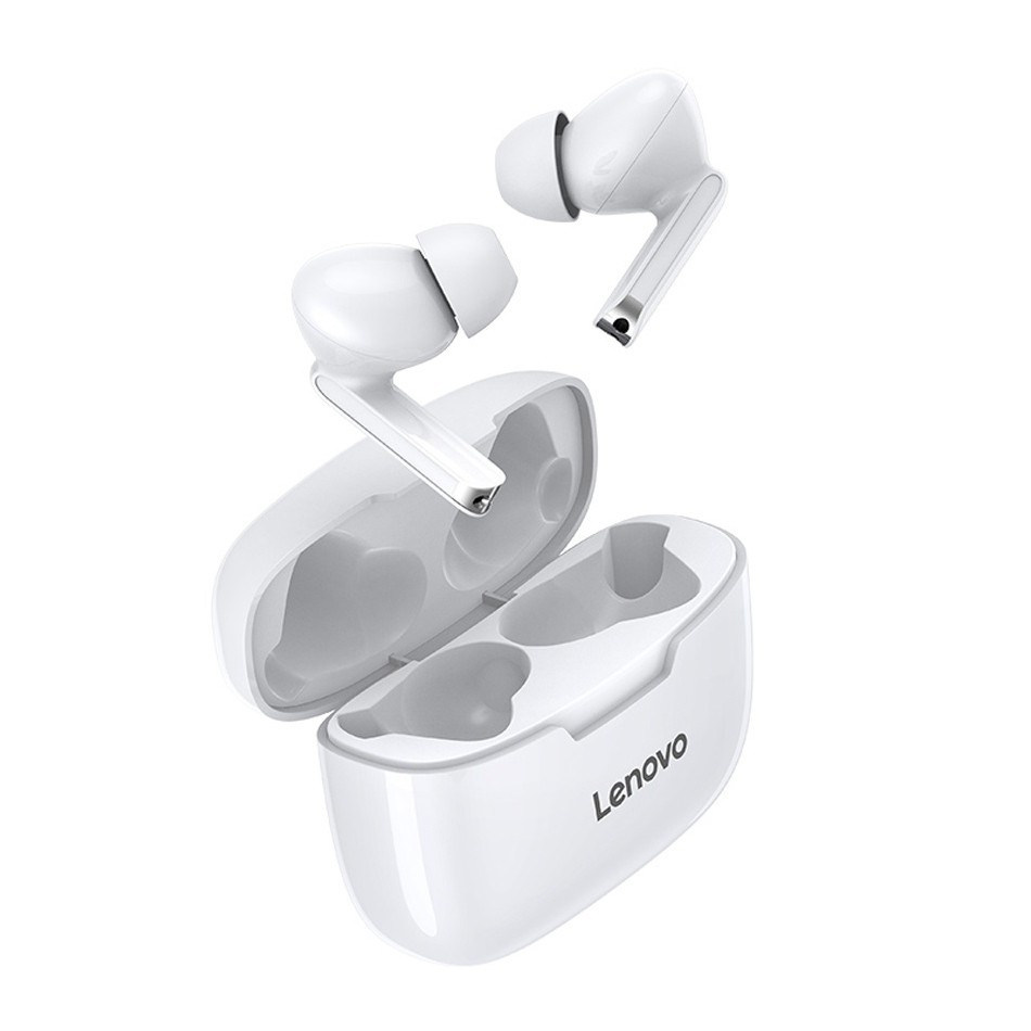 Originální Bluetooth sluchátka Lenovo© XT90 s nabíjecí stanicí a technologií tlumení šumu - bílá