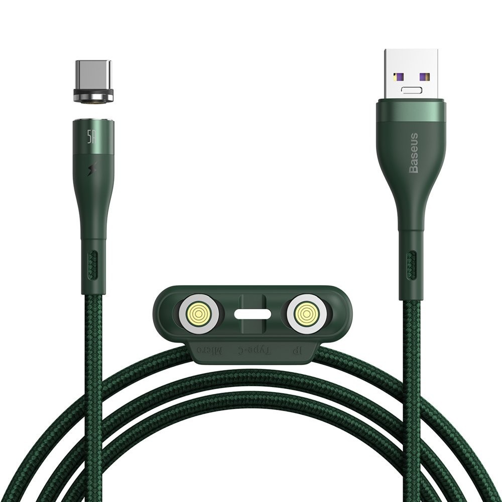 3v1 tkaný magnetický kabel Baseus „Zinc“ s Lightning, USB-C a microUSB konektorem - 1 m - zelený