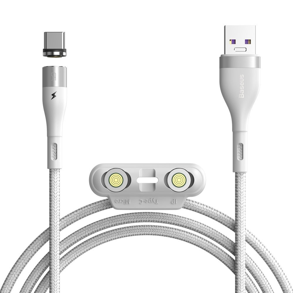 3v1 tkaný magnetický kabel Baseus „Zinc“ s Lightning, USB-C a microUSB konektorem - 1 m - bílý