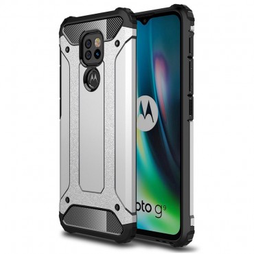 Robustní obal pro Motorola Moto G9 Play „Rock“ - stříbrná barva Robustní obal pro Motorola Moto G9 Play „Rock“ - stříbrná barva