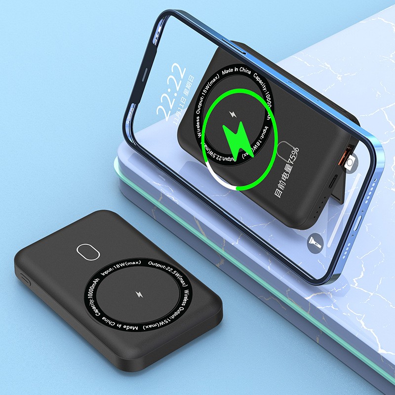 Powerbanka „Enhancer“ – přenosná baterie s magnetickým úchytem pro bezdrátové nabíjení chytrých telefonů Apple iPhone s technologií MagSafe - 10 000 mAh - černá