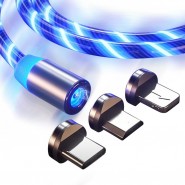 Nabíjecí kabel Mag Flash 3v1 s LED světlem a 3 magnetickými adaptéry pro nabíjení všech zařízení - 1 m - modrý