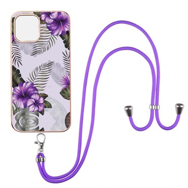 Gelové pouzdro TPU "Purple Flowers" pro iPhone 13 Pro Max s praktickou šňůrkou na přenášení
