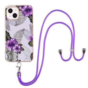 Gelové pouzdro TPU "Purple Flowers" pro iPhone 14 s praktickou šňůrkou na přenášení