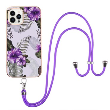 Gelové pouzdro TPU "Purple Flowers" pro iPhone 14 Pro Max s praktickou šňůrkou na přenášení
