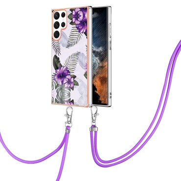 Gelový kryt TPU "Purple Flowers" pro Samsung Galaxy S22 Ultra s praktickou šňůrkou na přenášení