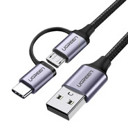Kabel 2v1 USB na USB-C / Micro USB Ugreen - opletený datový a nabíjecí kabel 3A - 1m - černý