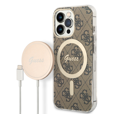 Pouzdro Guess "4G Collection MagSafe" a bezdrátová nabíjecí stanice Guess "Vintage" s 15W technologií MagSafe pro iPhone 14 Pro - hnědé