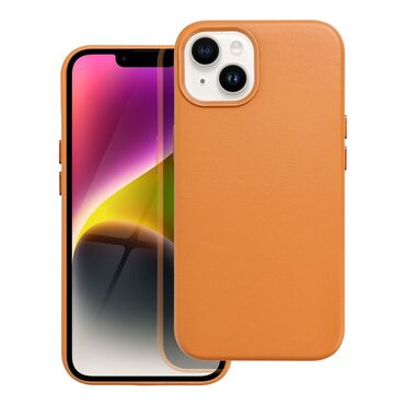 Magnetický kryt z eko kůže s vestavěným magnetickým kroužkem pro iPhone 14 Plus - oranžový