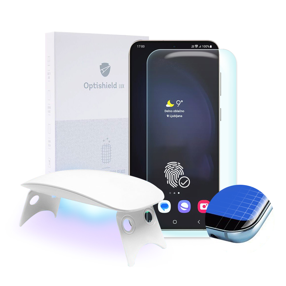 Prémiové ochranné sklo Optishield Lux pro Samsung Galaxy S23 Plus a UV lampa
