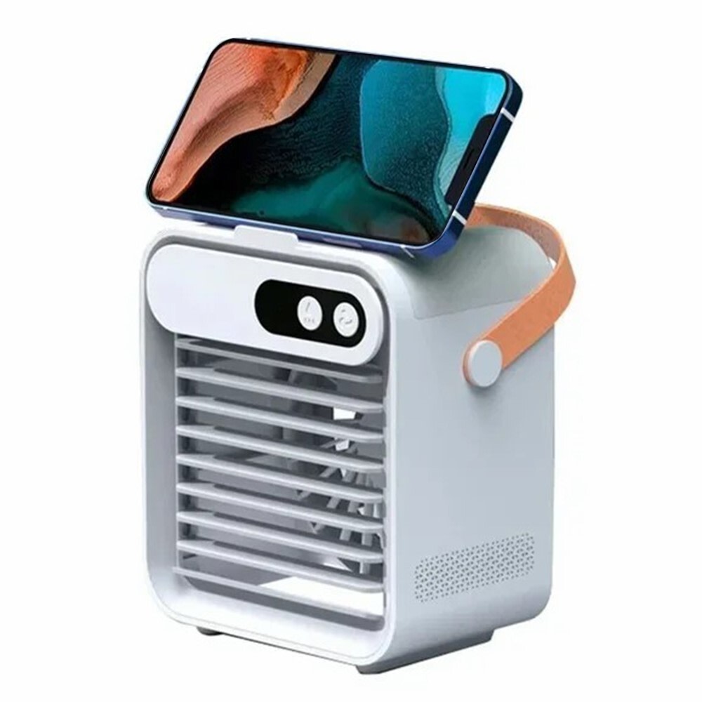 Přenosný bezdrátový chladicí ventilátor s vodní mlhou, zrcadlem a stojanem na telefon "ArcticRetreat"
